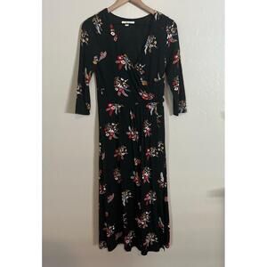 Boden Womens size‎ 4 Black Floral Midi Wrap Dress Elegant Boho Chic